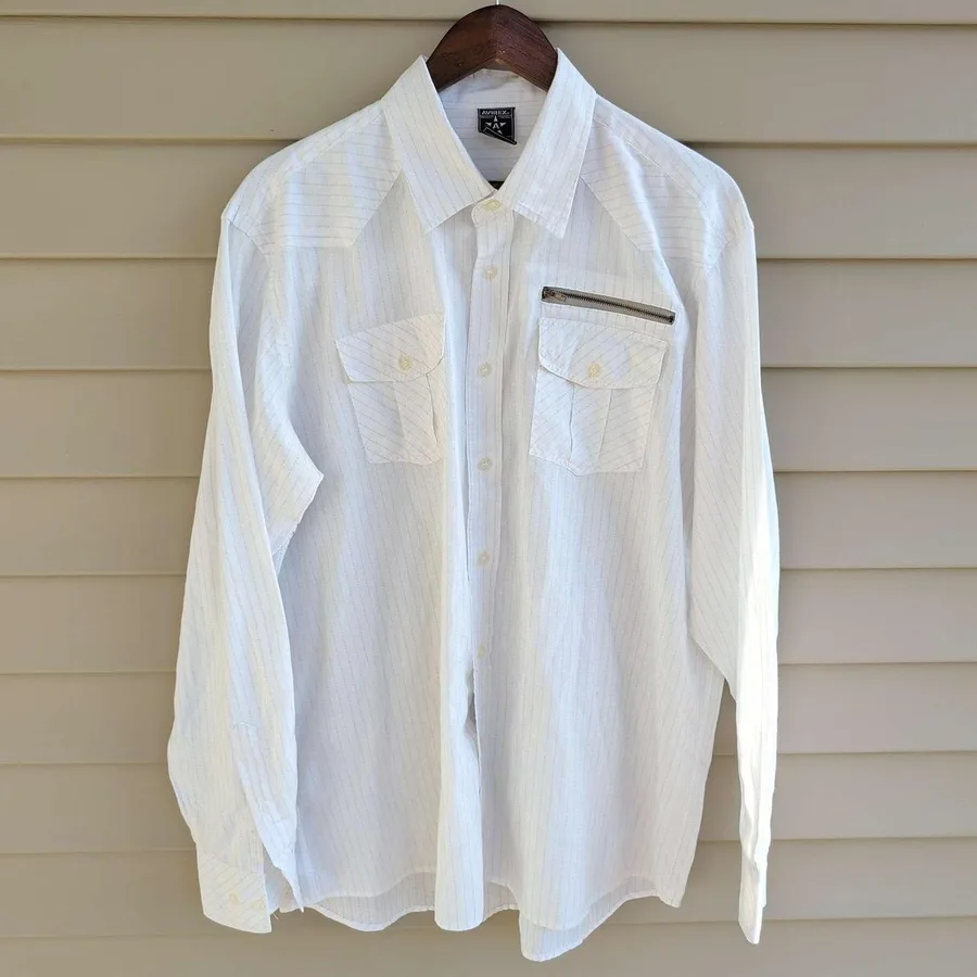 Avirex Button Down Mens 2XL White Pinstripe Western Yoke Zip Pocket Shirt