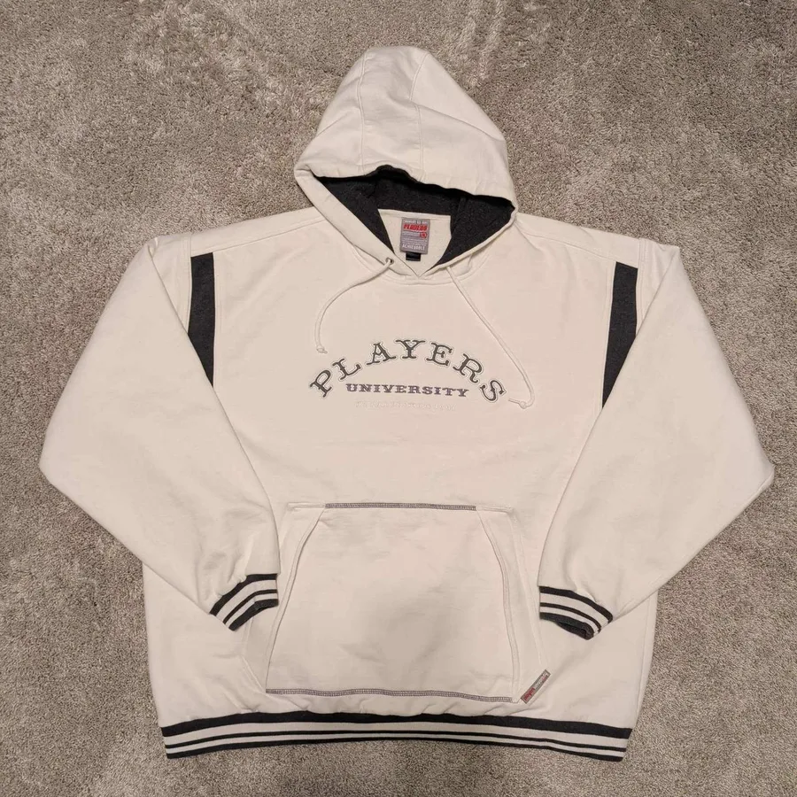 Players University Hoodie Mens 3XL Cream Charcoal Embroidered Baggy Streetwear