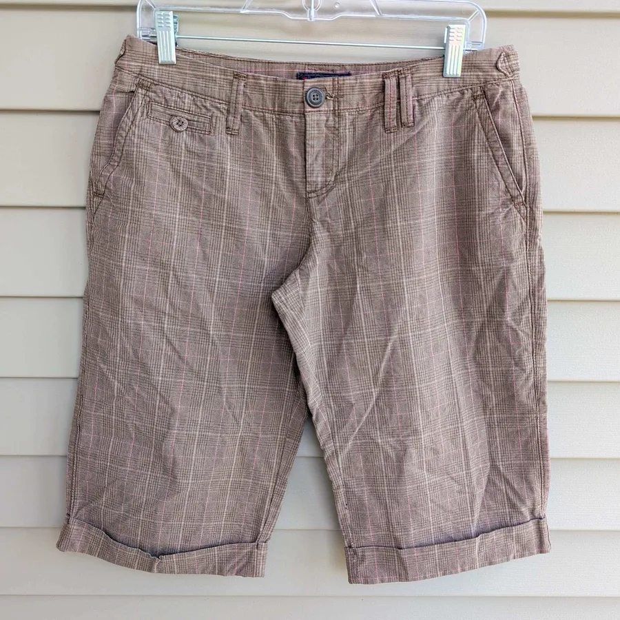American Eagle Bermuda Shorts Womens 8 Brown Pink Plaid Cuffed Cotton Y2K
