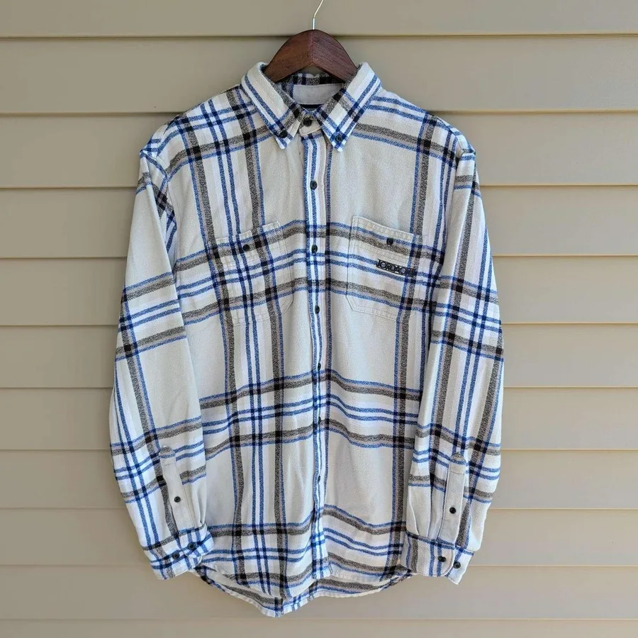 Jordache Vintage Plaid Button Down Women Large Cream Blue Flannel Style Shirt
