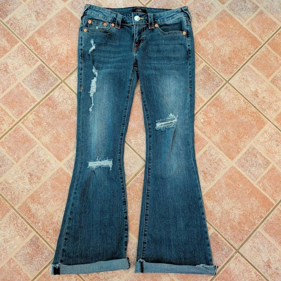 True Religion Carrie Flare Jeans Womens 28 Blue Distressed Low Rise Denim