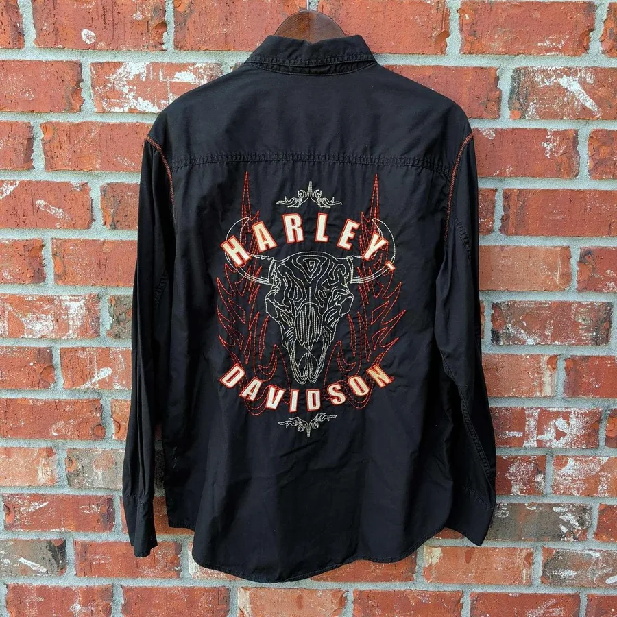 Harley-Davidson Button Up Shirt Mens M Black Embroidered Bull Skull